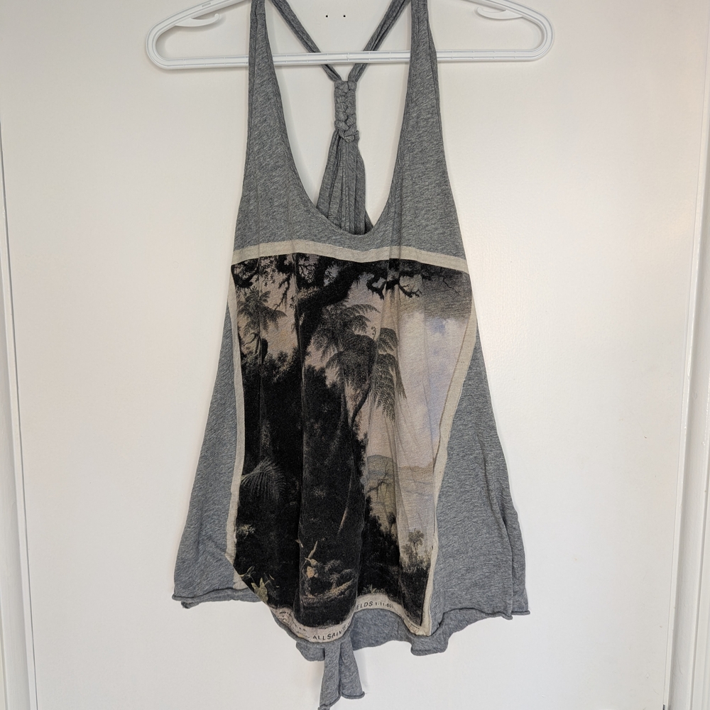 All Saints Gray Graphic Tie-Back Tank Top